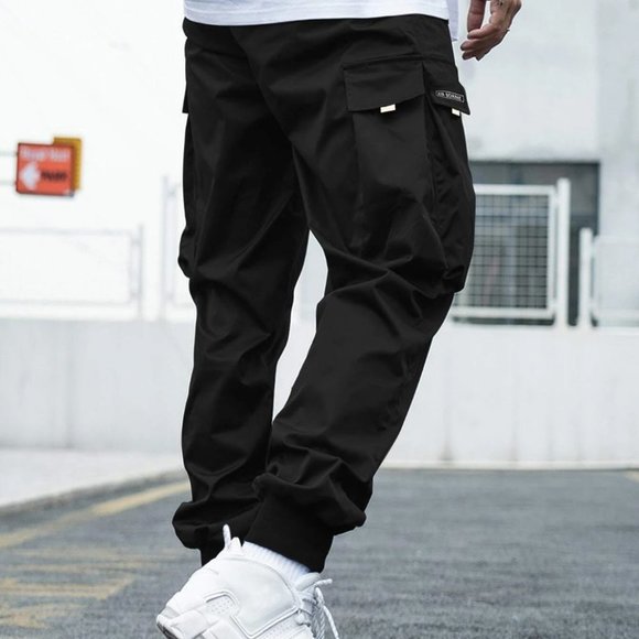 Black Street Style Men's Cargo Pants w/Letter Grap - Picture 2 of 6
